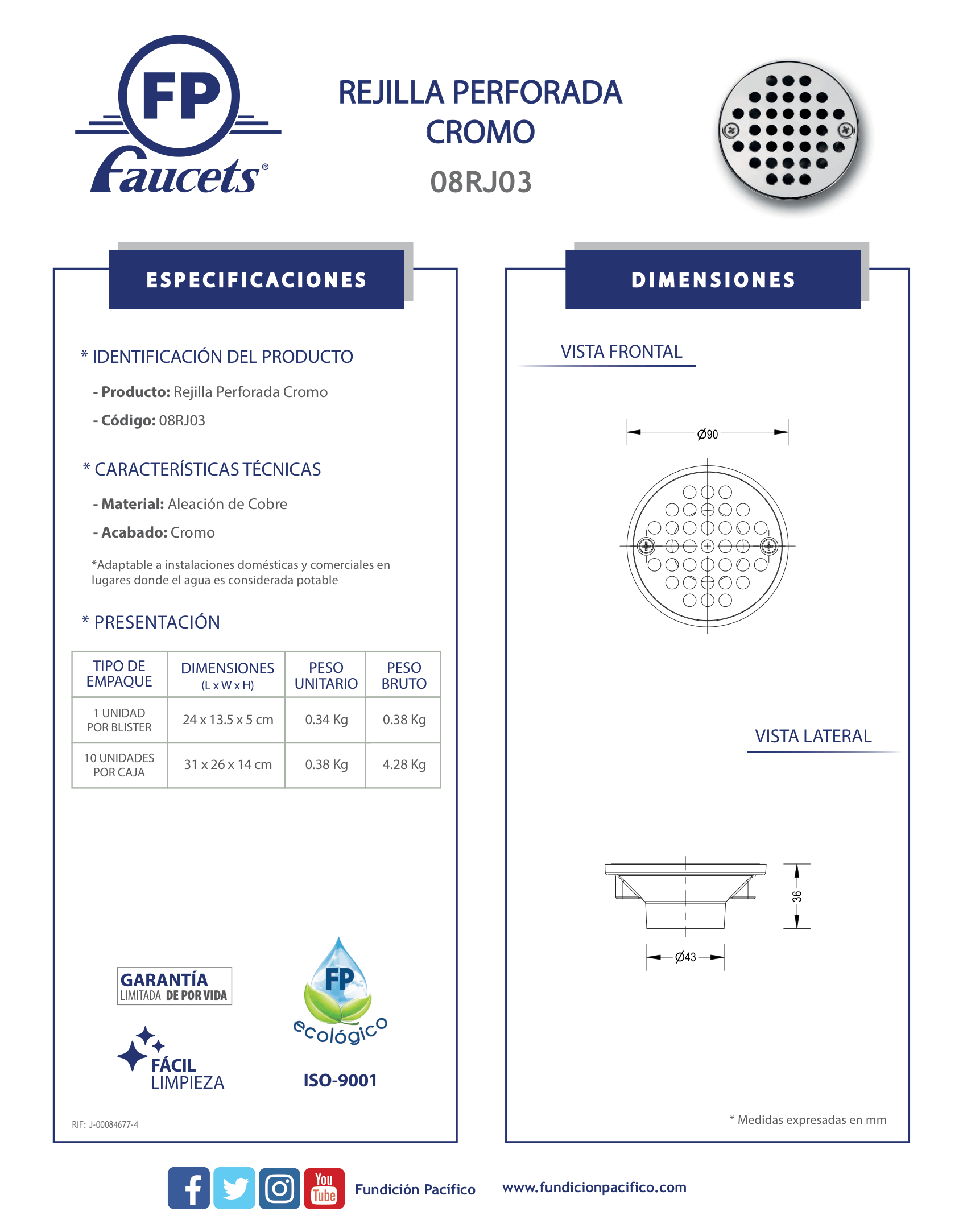 Rejilla Perforada Cromo para Desagüe y Drenaje Doméstico y Comercial