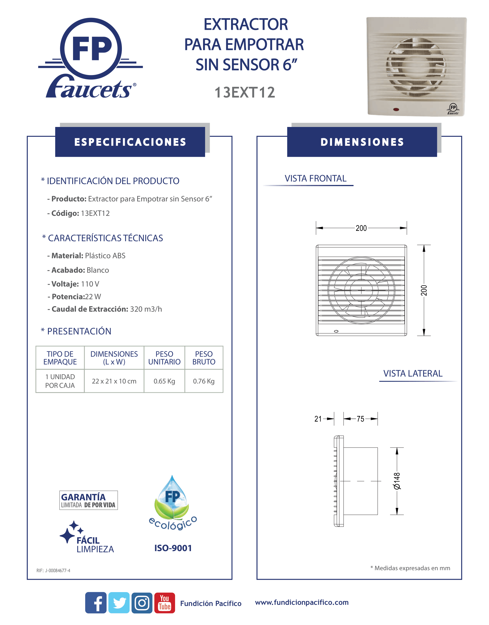 Extractor para Empotrar sin Sensor de 6 Pulgadas