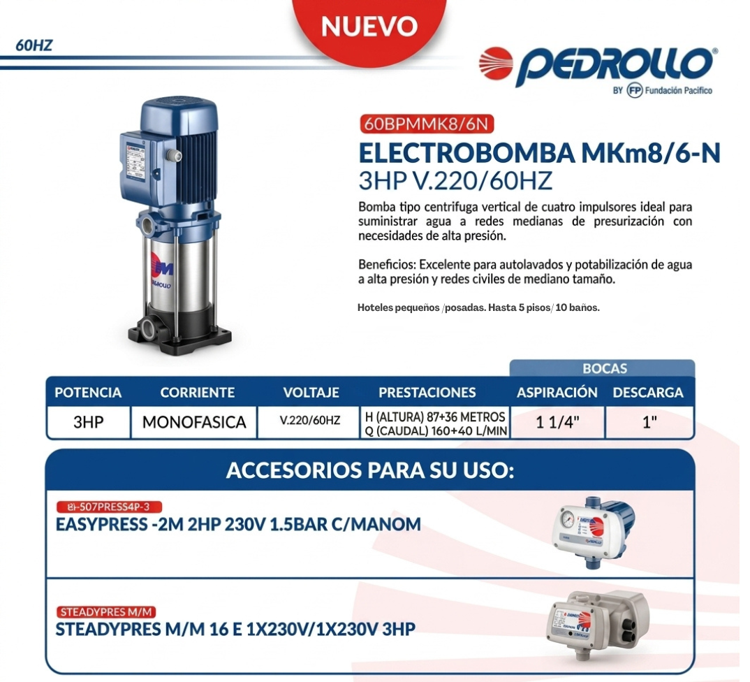 Bombas de agua de alta presión para edificios y autolavados Pedrollo MKm8/6-N 3HP
