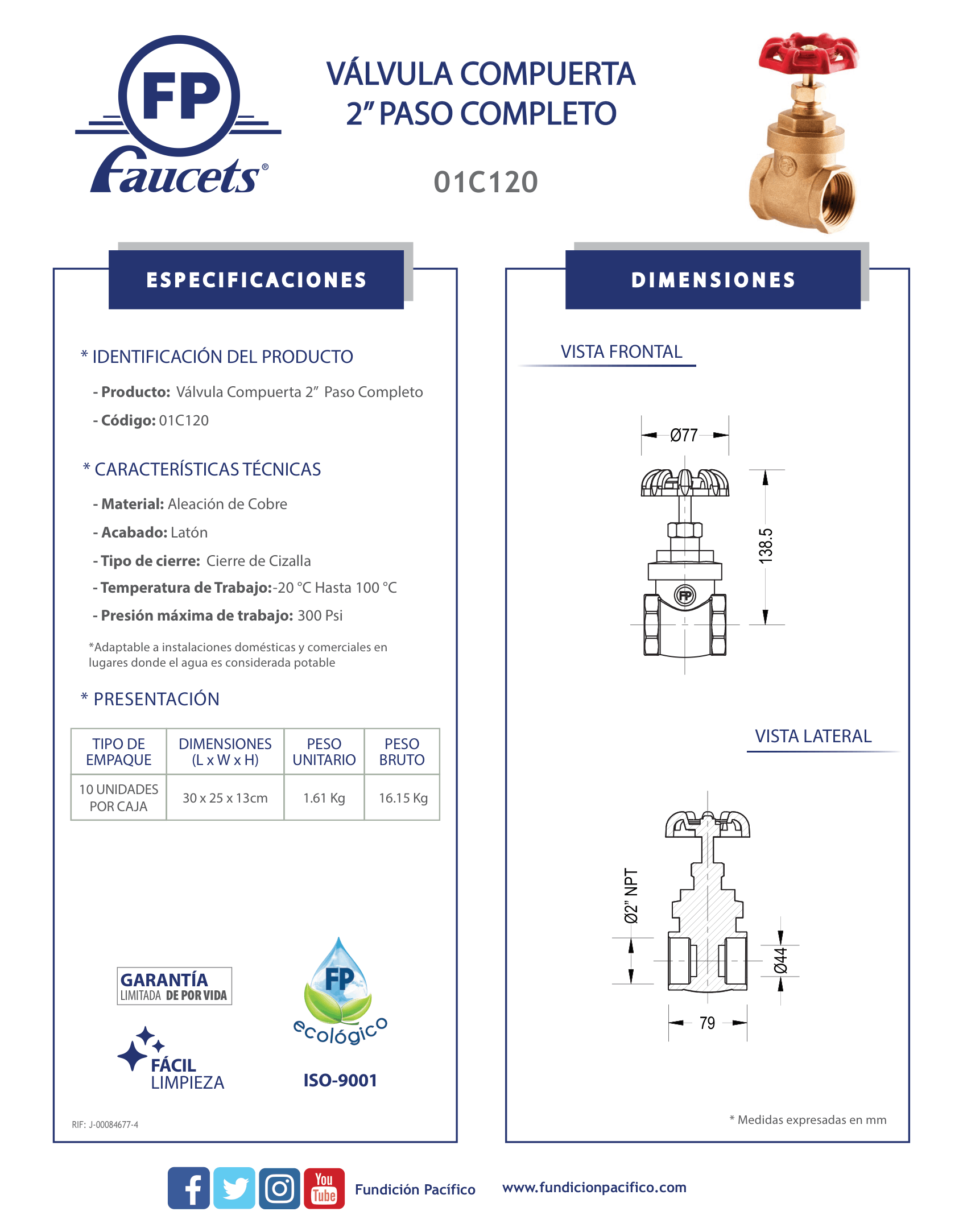 Válvula Compuerta de 2 Pulgadas con Paso Completo para Redes de Agua Potable