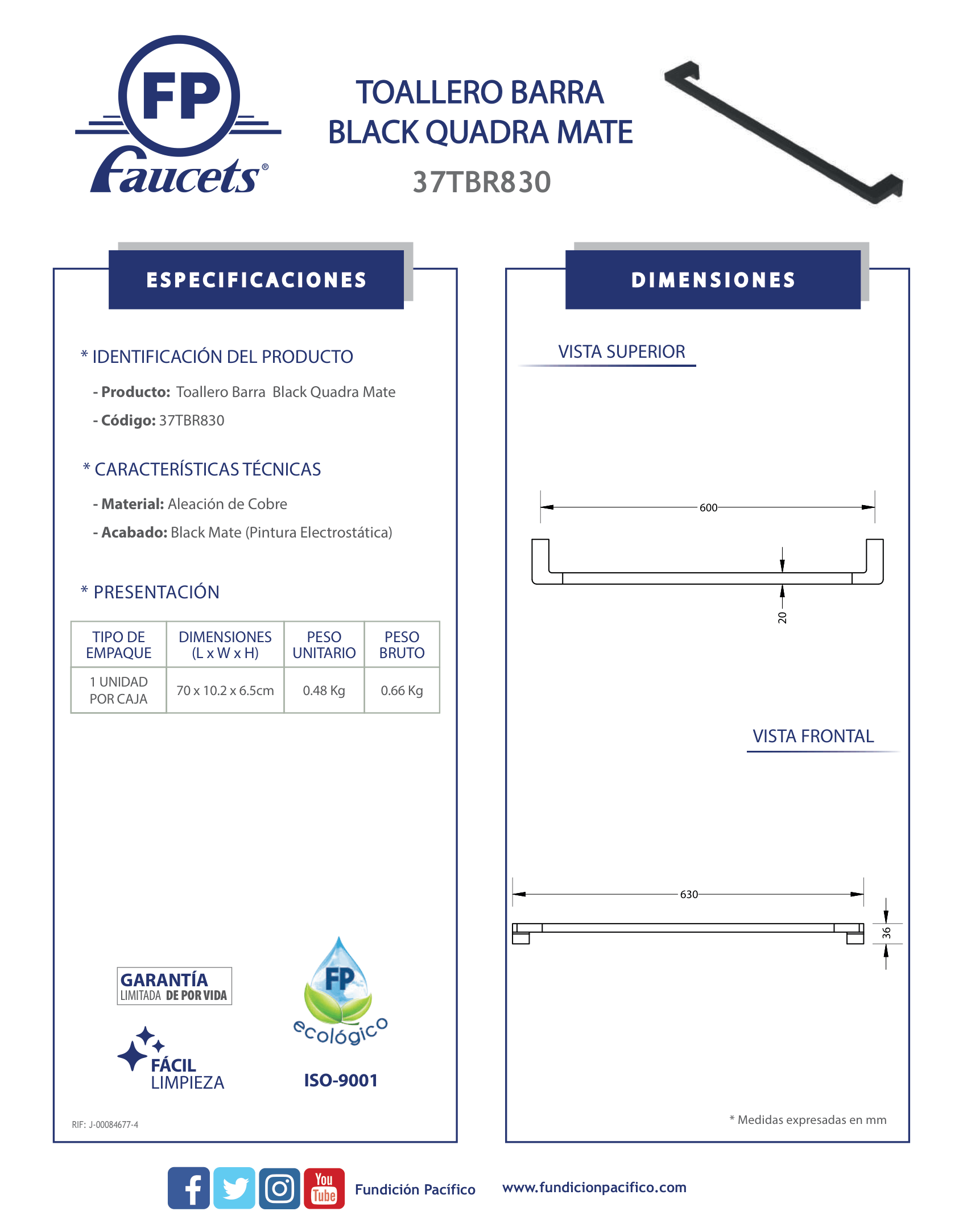Toallero de barra negro mate para baño con diseño moderno