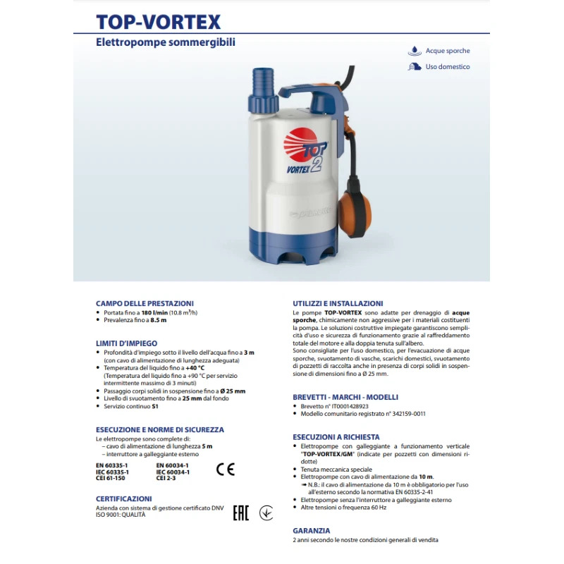 Bomba Sumergible TOP2 VTX (1/2HP) 110/60 Pedrollo para Agua Sucia y Desagüe