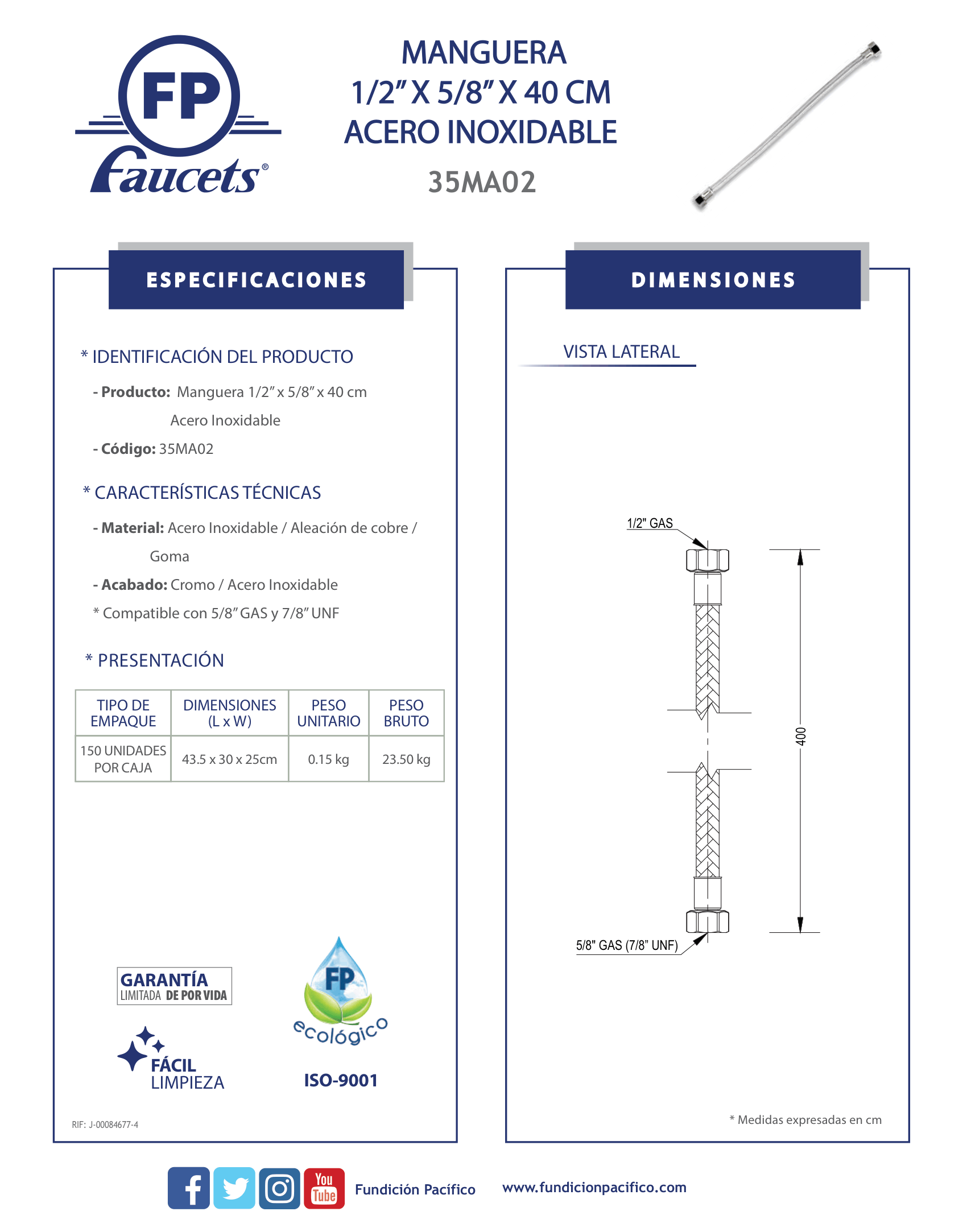 Manguera Flexible de Acero Inoxidable 1/2