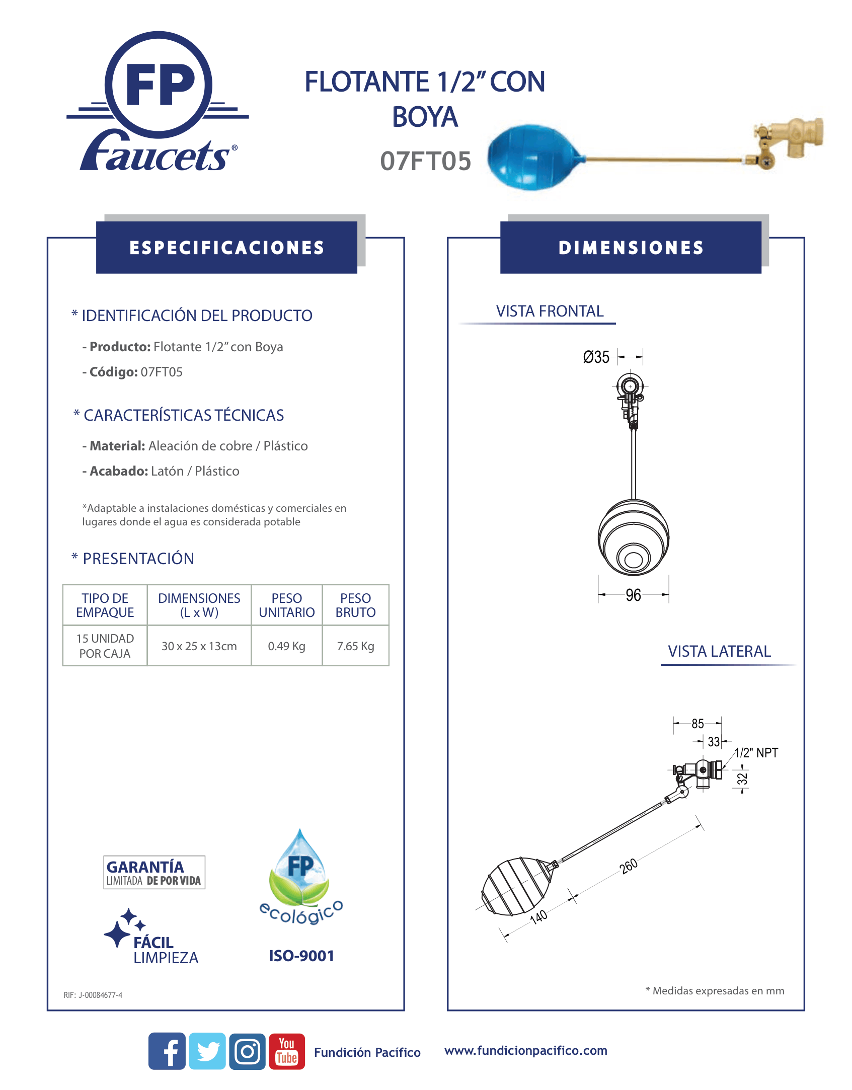 Flotante de media pulgada con boya para control de nivel de agua