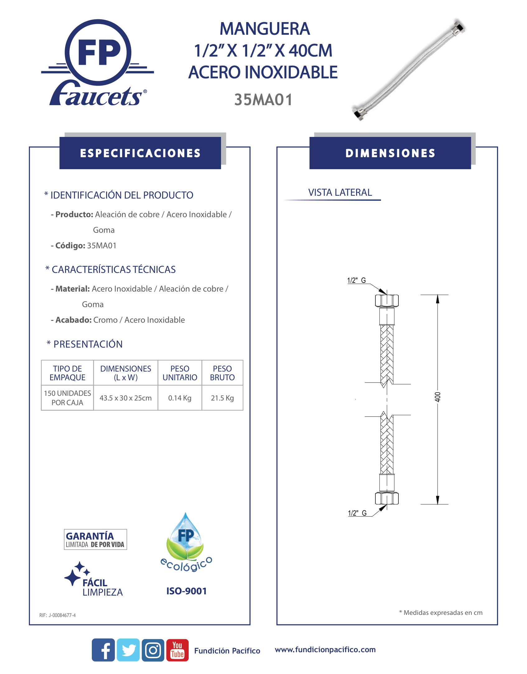 Manguera de Acero Inoxidable para Agua de 40 cm y Conexiones de 1/2 Pulgada