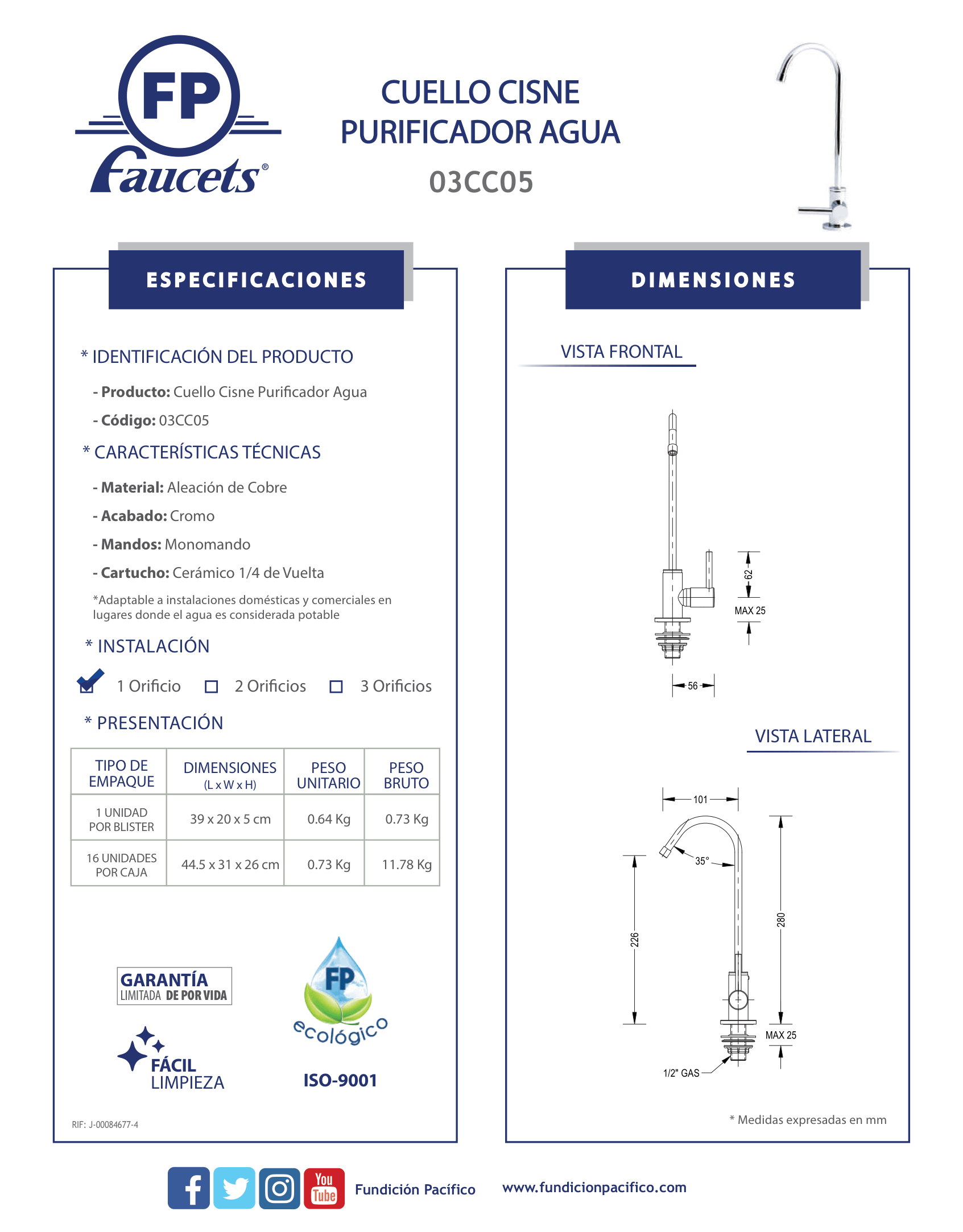 Llave de cuello cisne para purificador de agua monomando