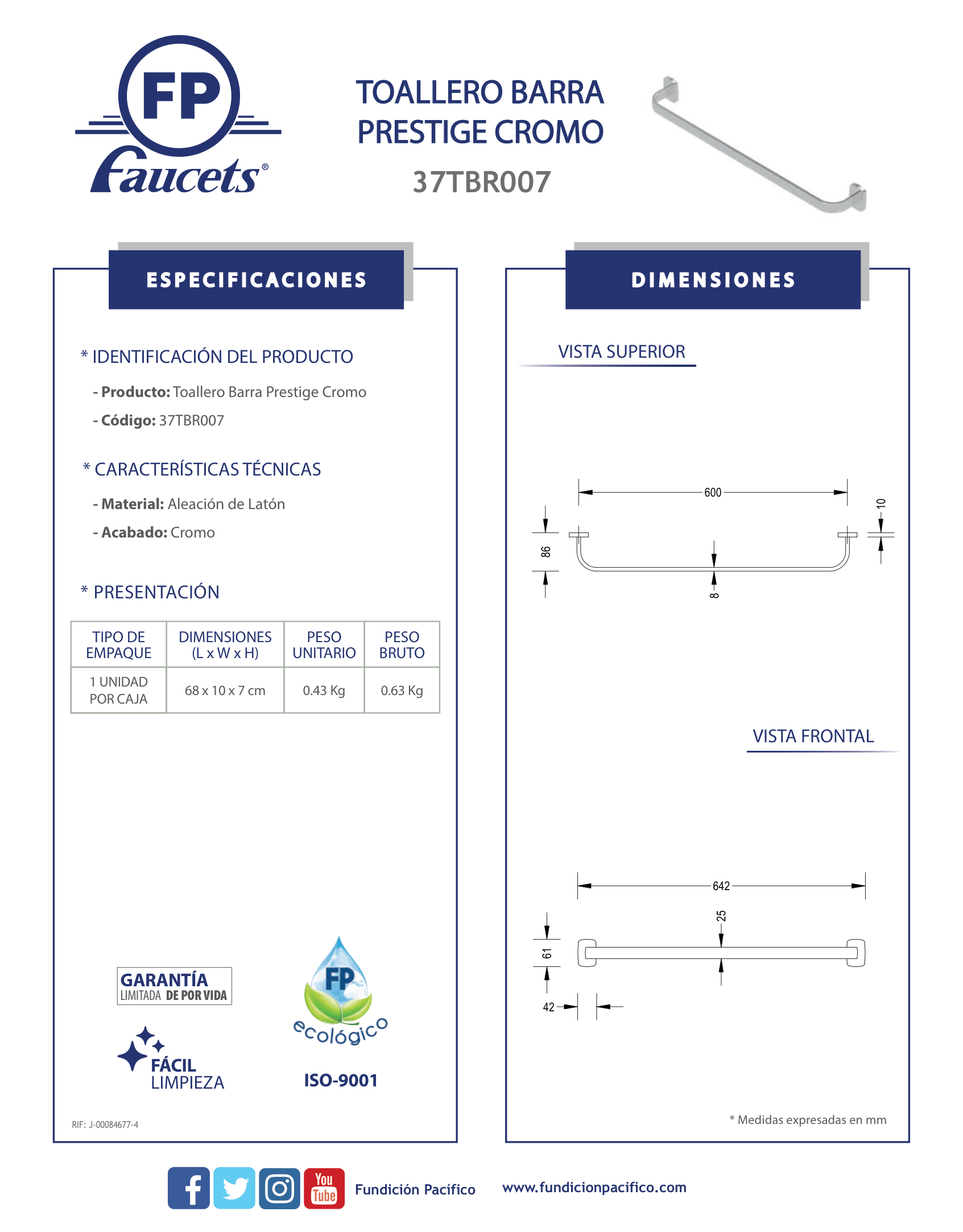 Barra Toallero Prestige Cromo para Baño