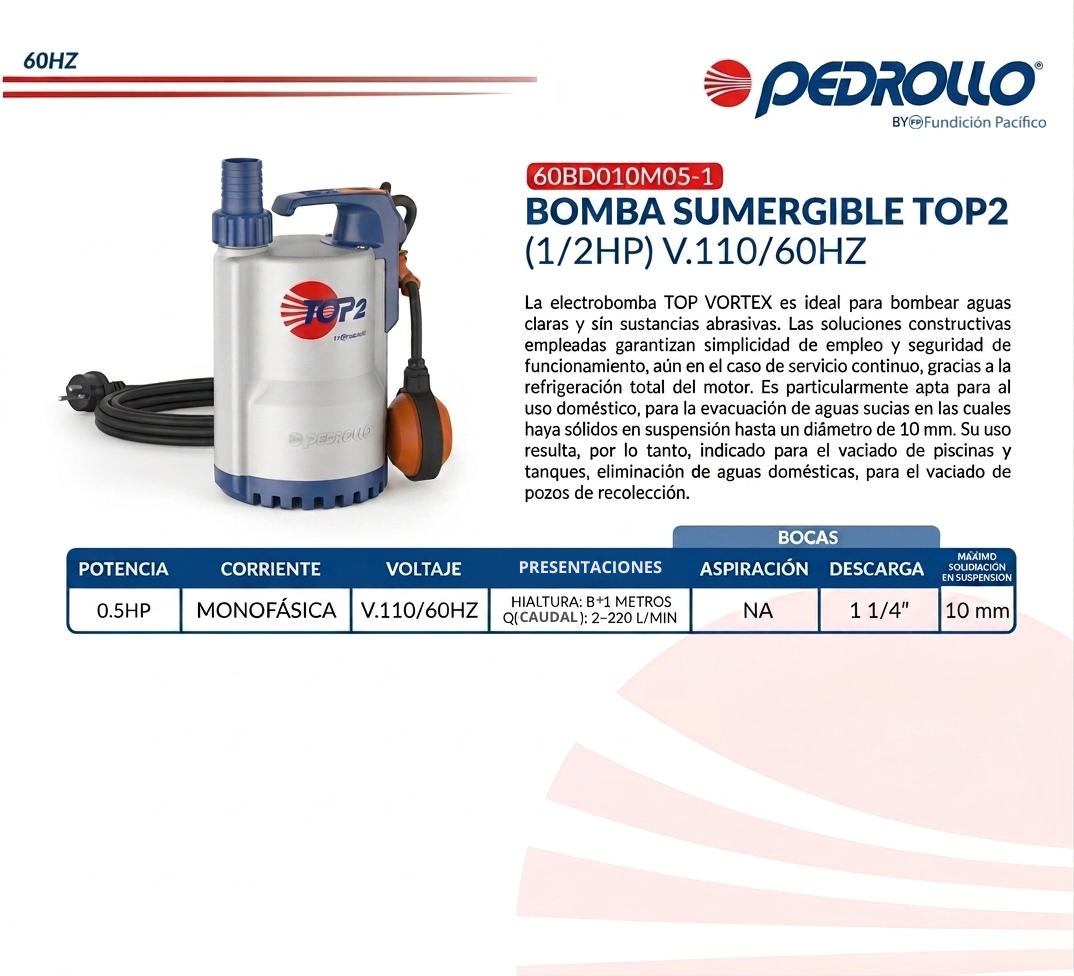 Bomba Sumergible Pedrollo TOP 2 de 1/2 HP para Agua Limpia y Drenaje Doméstico
