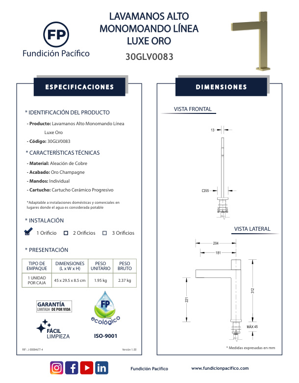 LAV. ALTO MONOMANDO LINEA LUXE ORO