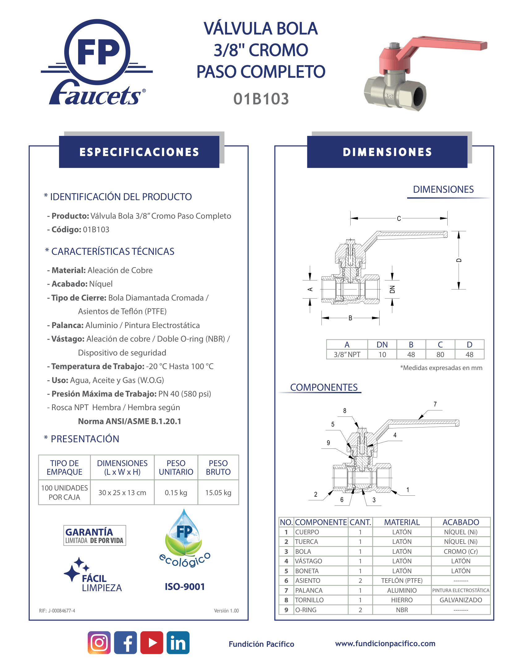 Válvula de Bola Cromada de Paso Completo de 3/8 Pulgadas para Control de Fluidos