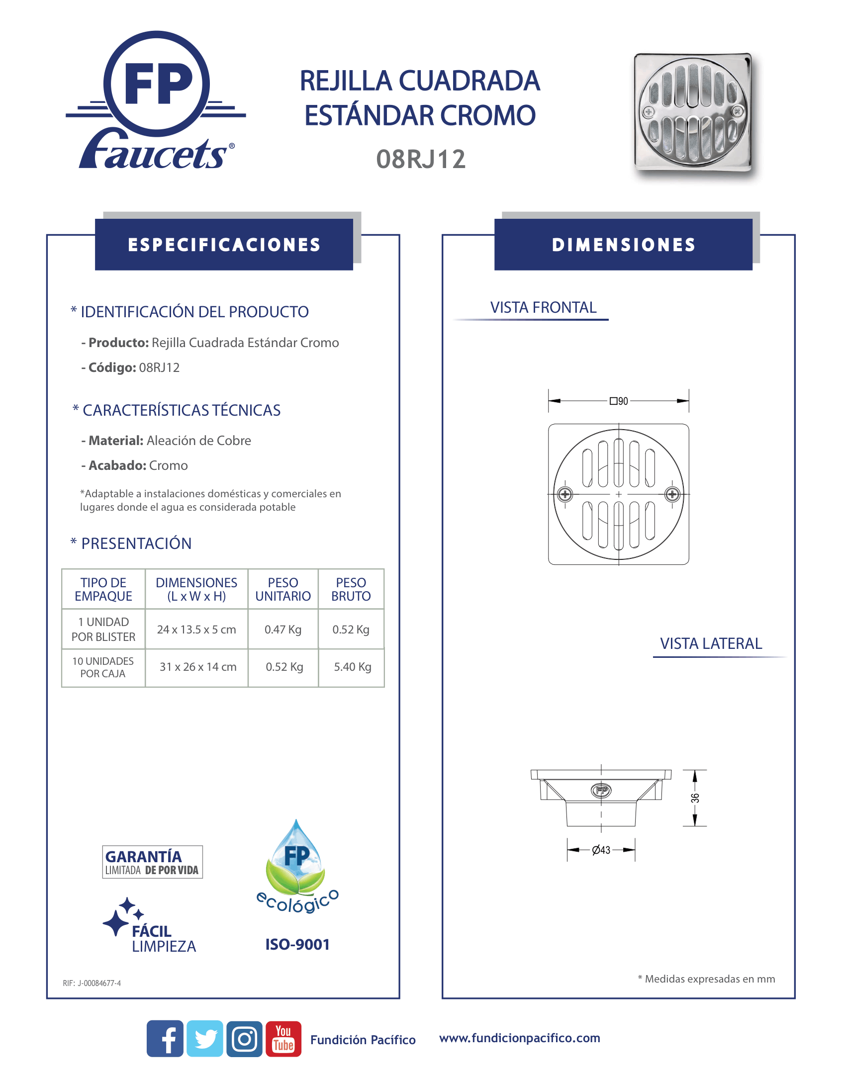 Comprar Rejilla Cuadrada Estándar Cromo para Drenaje de Pisos
