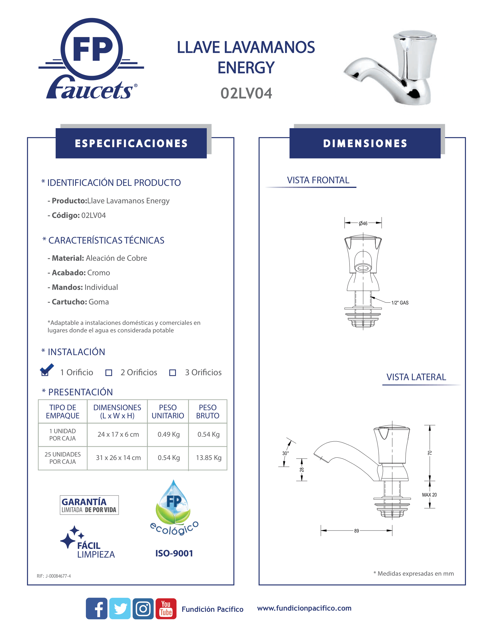Llave Lavamanos Energy con Acabado Cromado para Instalaciones Residenciales y Comerciales