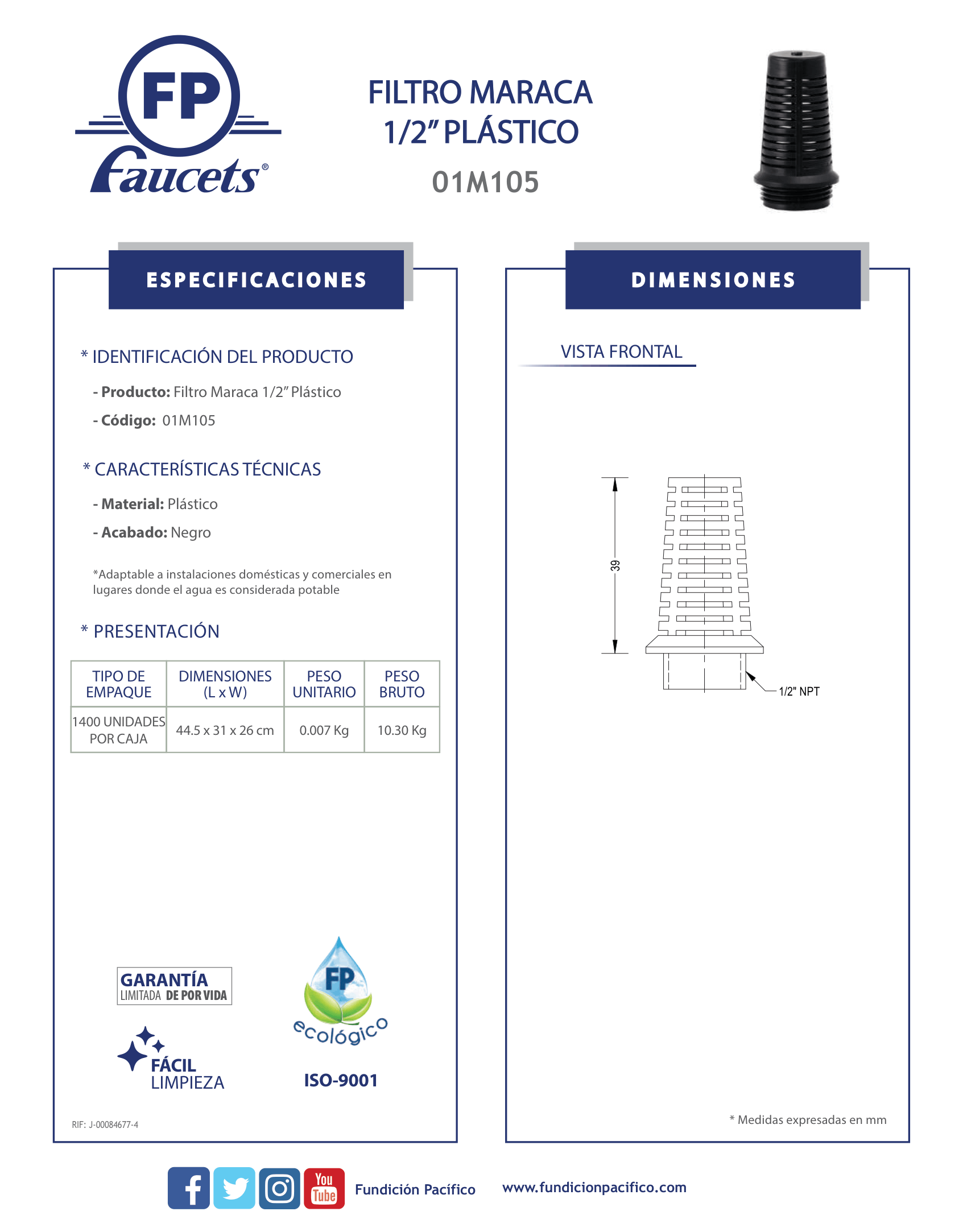 Filtro Maraca de 1/2 Pulgada en Plástico para Instalaciones de Agua Potable