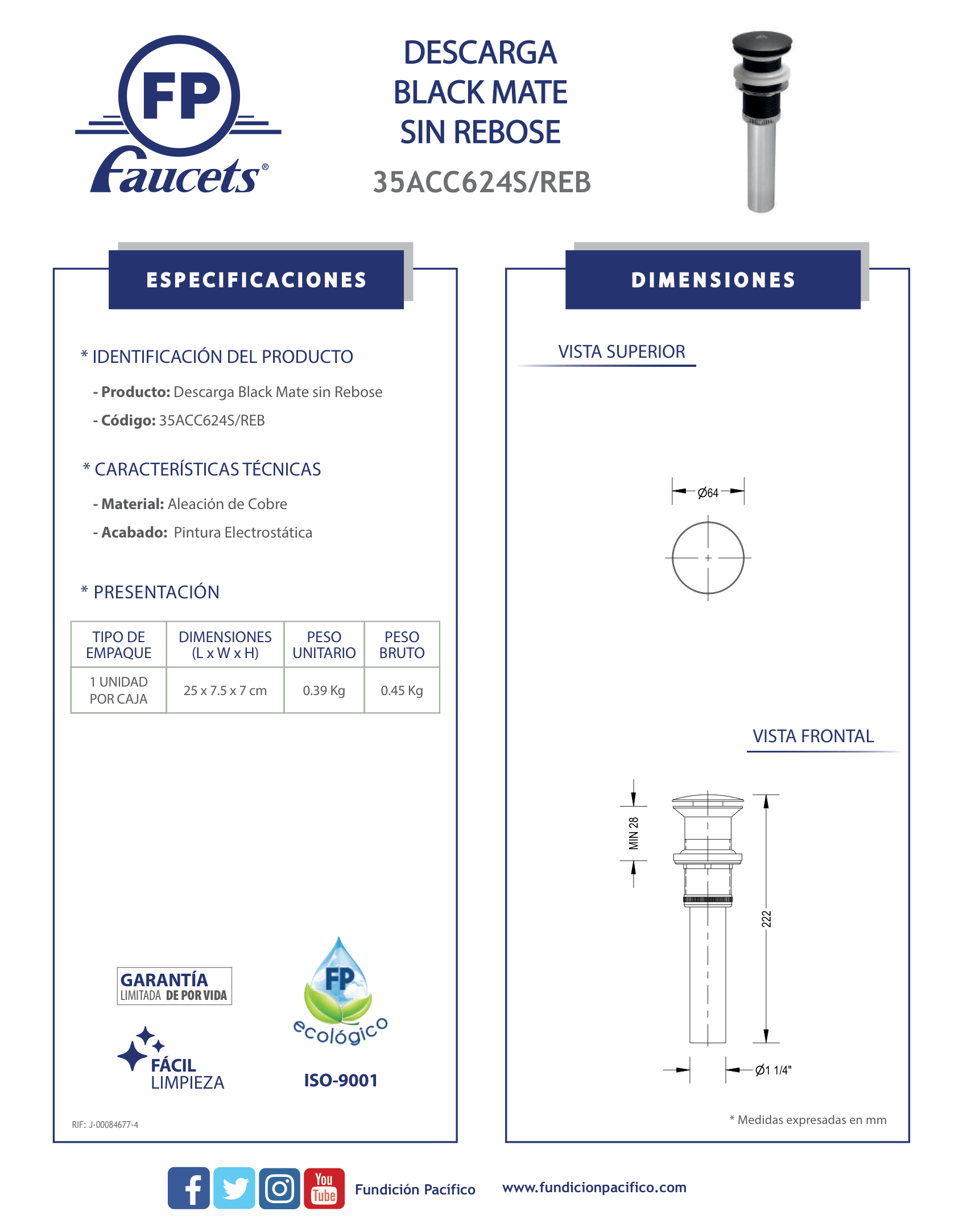 Descarga Black Mate sin Rebose para Lavamanos y Baños Modernos