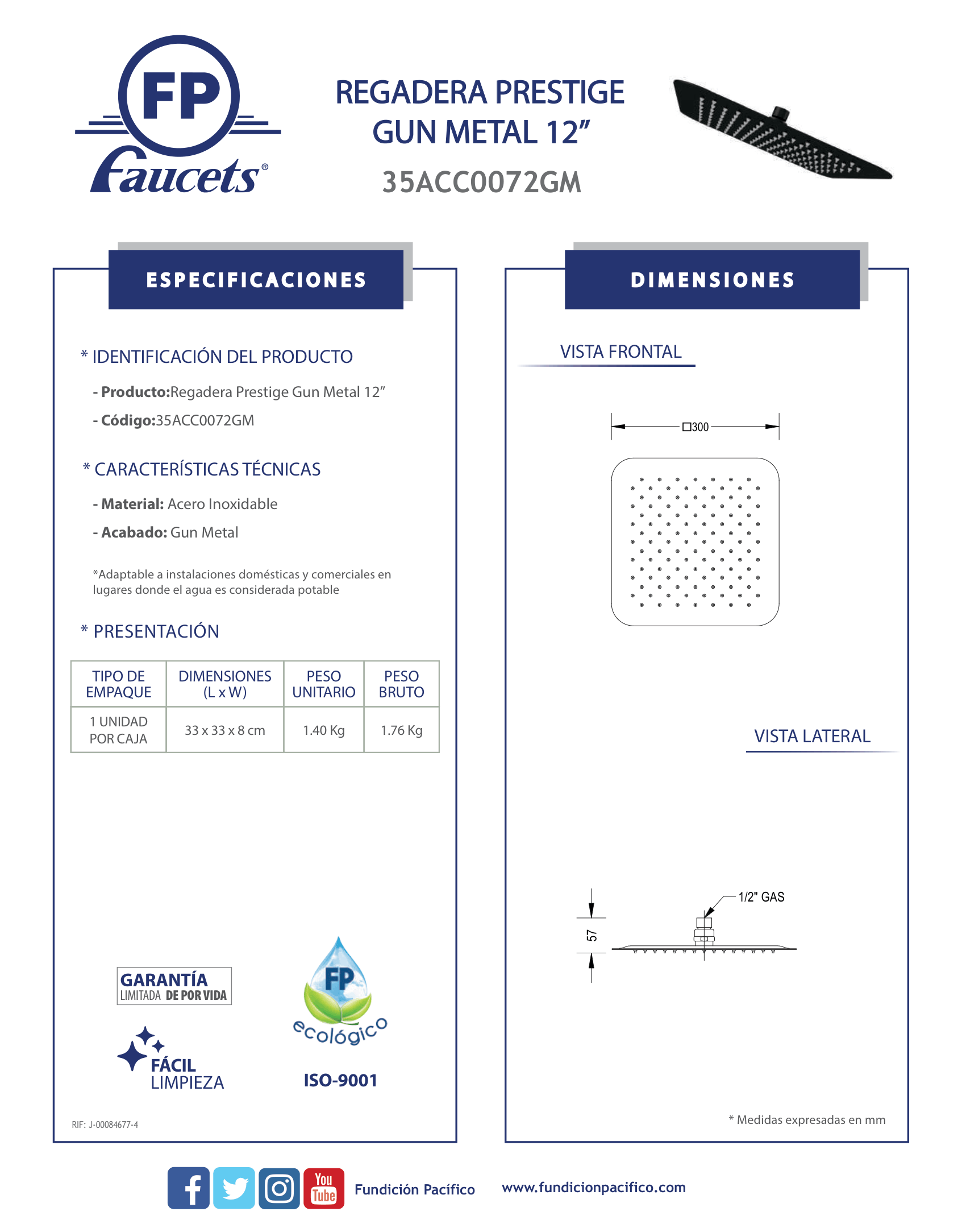 Regadera Prestige acabado Gun Metal de 12