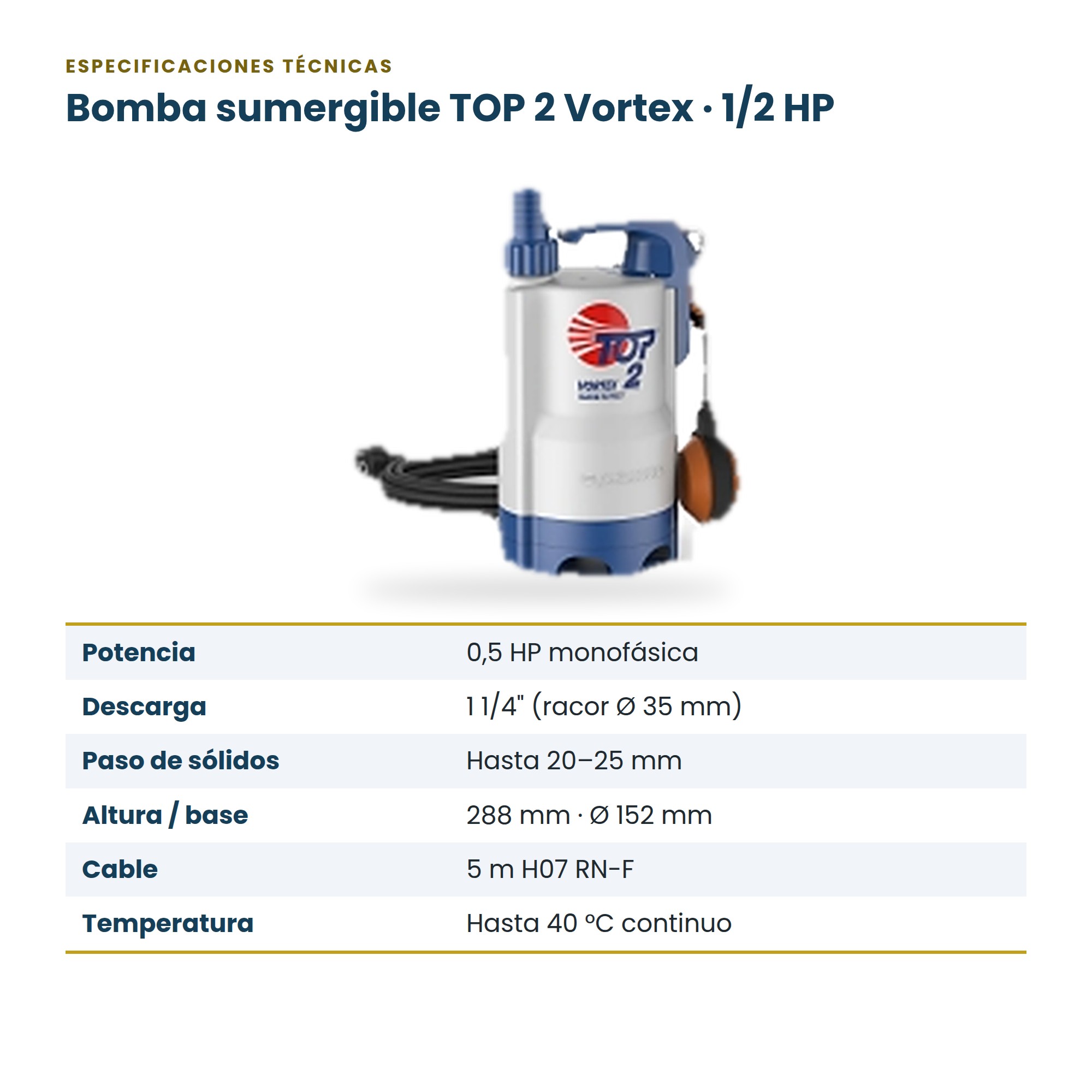 Bomba Sumergible TOP2 VTX (1/2HP) 110/60 Pedrollo para Agua Sucia y Desagüe
