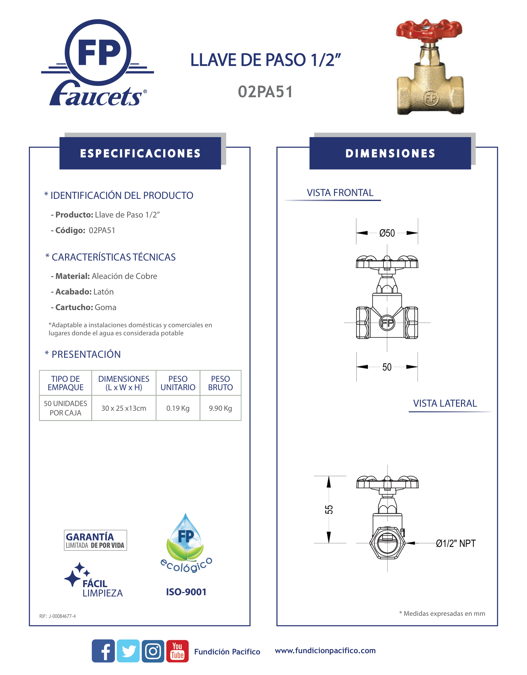 Llave de paso de 1/2 pulgada para control de agua potable en instalaciones residenciales y comerciales