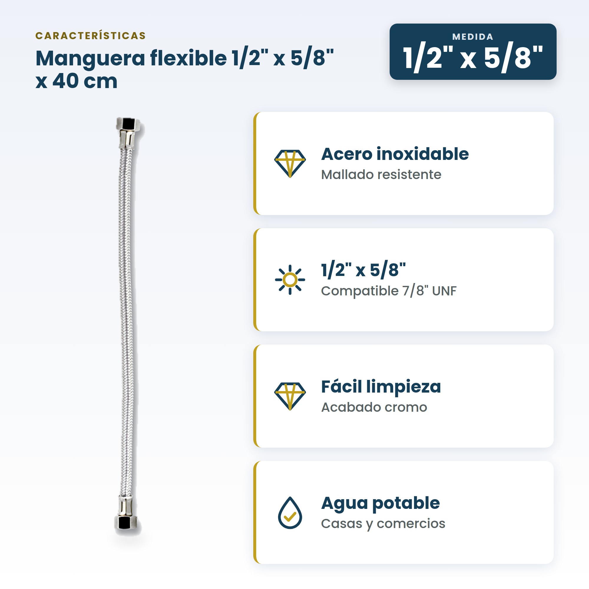 Manguera Flexible de Acero Inoxidable 1/2'' x 5/8'' x 40 cm FP Faucets (Código 35MA02)