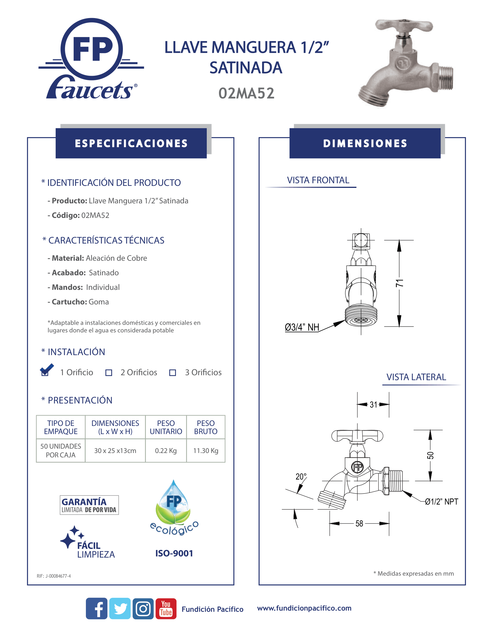 Llave para Manguera de 1/2 Pulgadas en Acabado Satinado