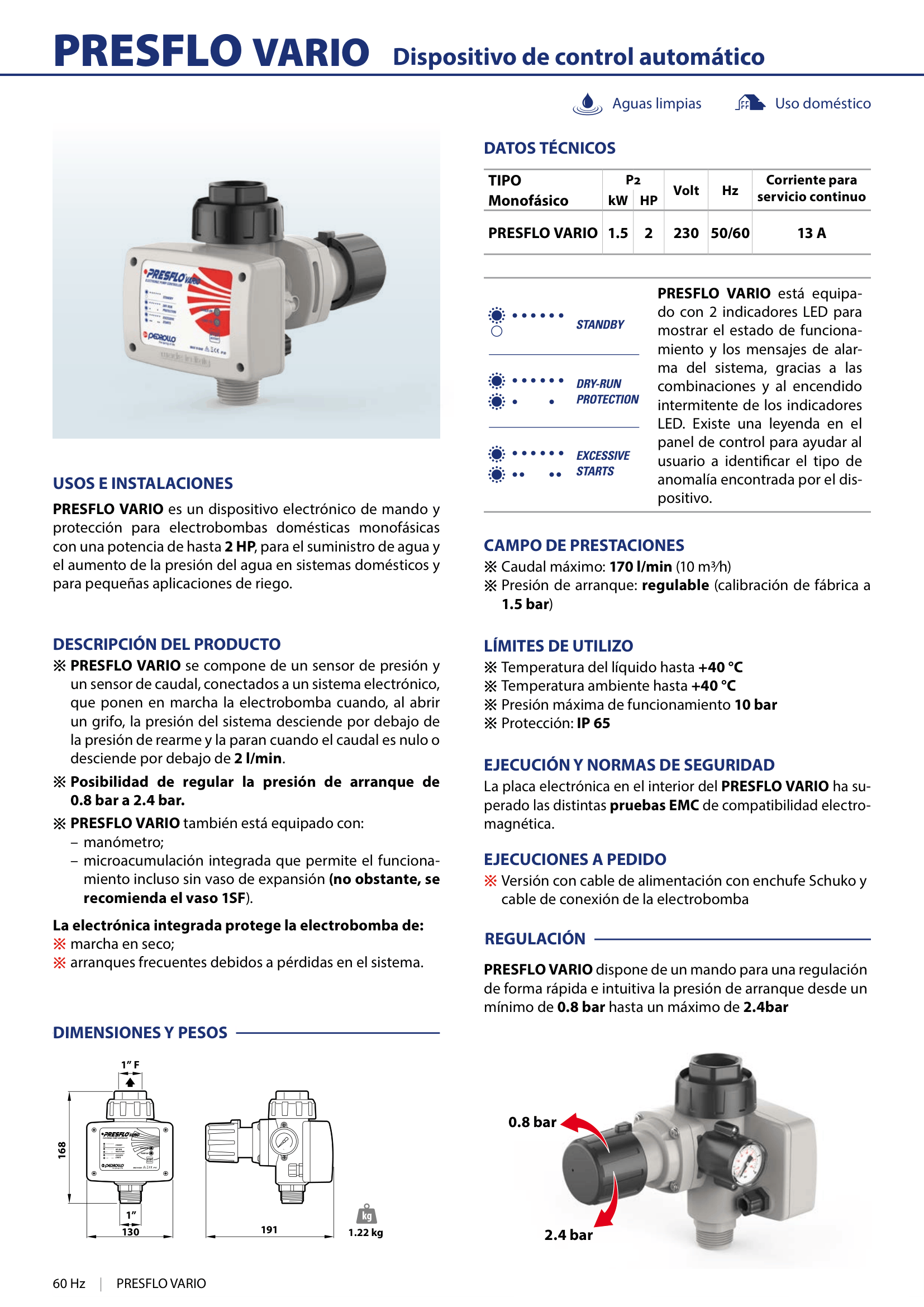 Control Automático Presflo Vario 230V de Pedrollo para Electrobombas