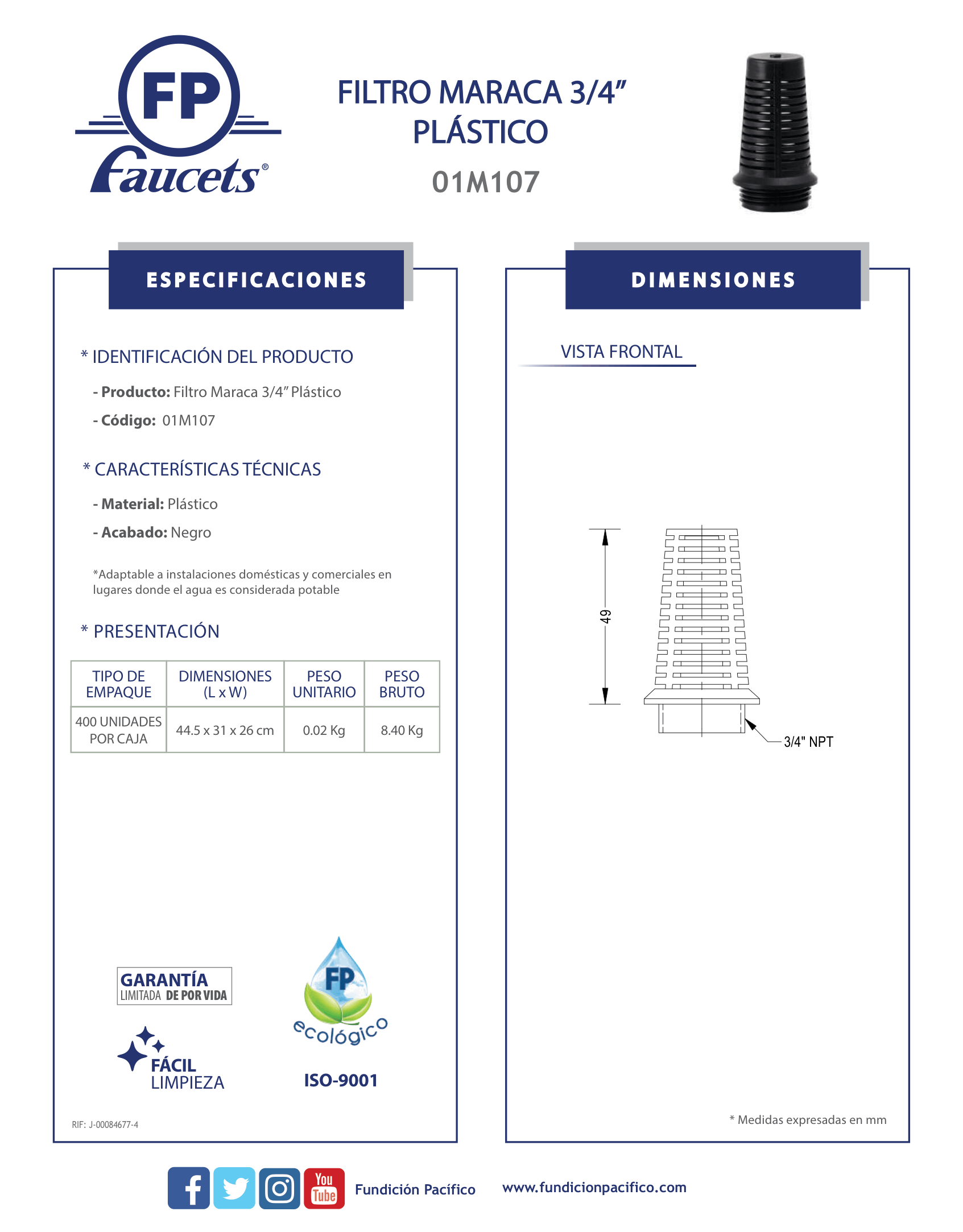Filtro Maraca 3/4 Pulgadas Plástico Negro FP Faucets