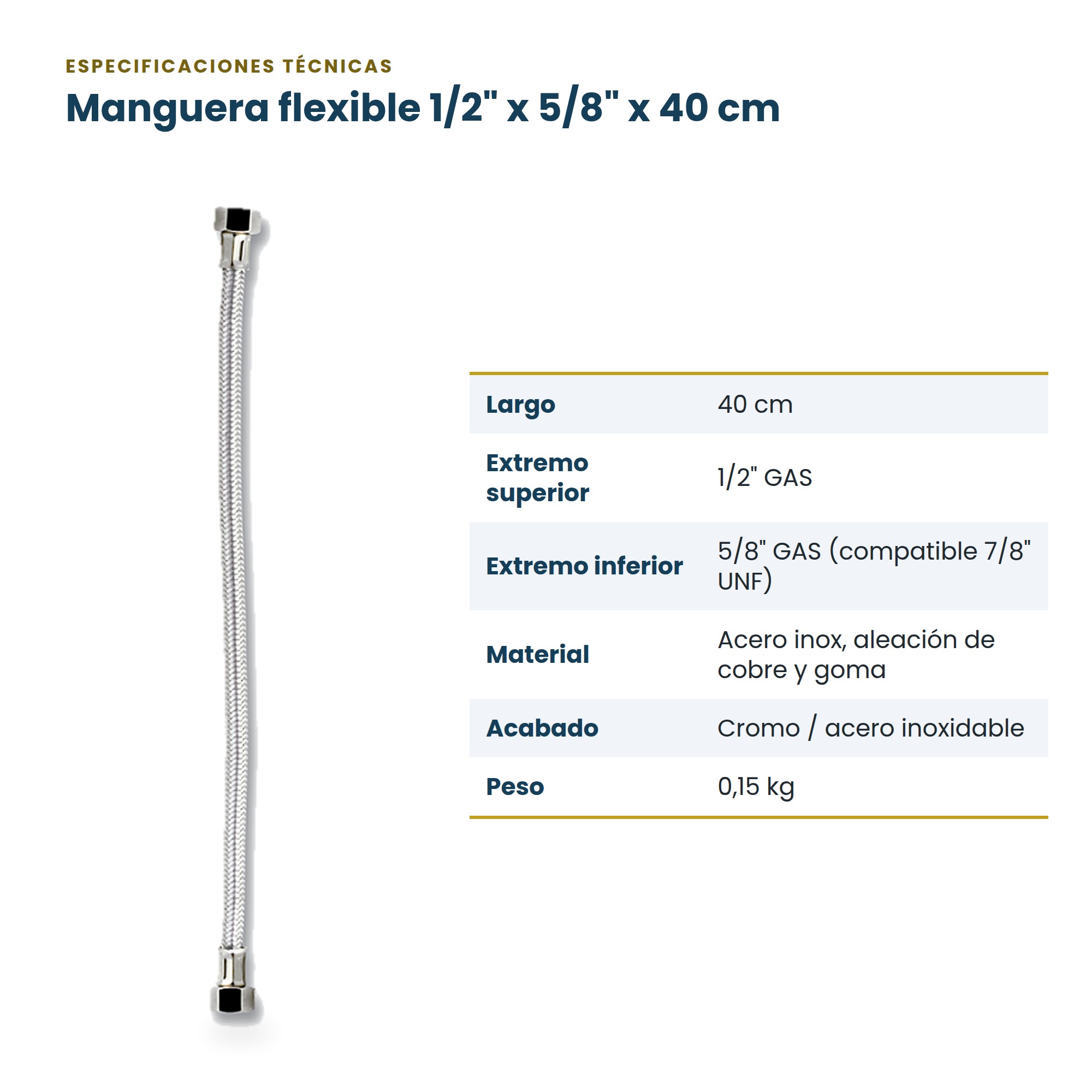 Manguera Flexible de Acero Inoxidable 1/2'' x 5/8'' x 40 cm FP Faucets (Código 35MA02)
