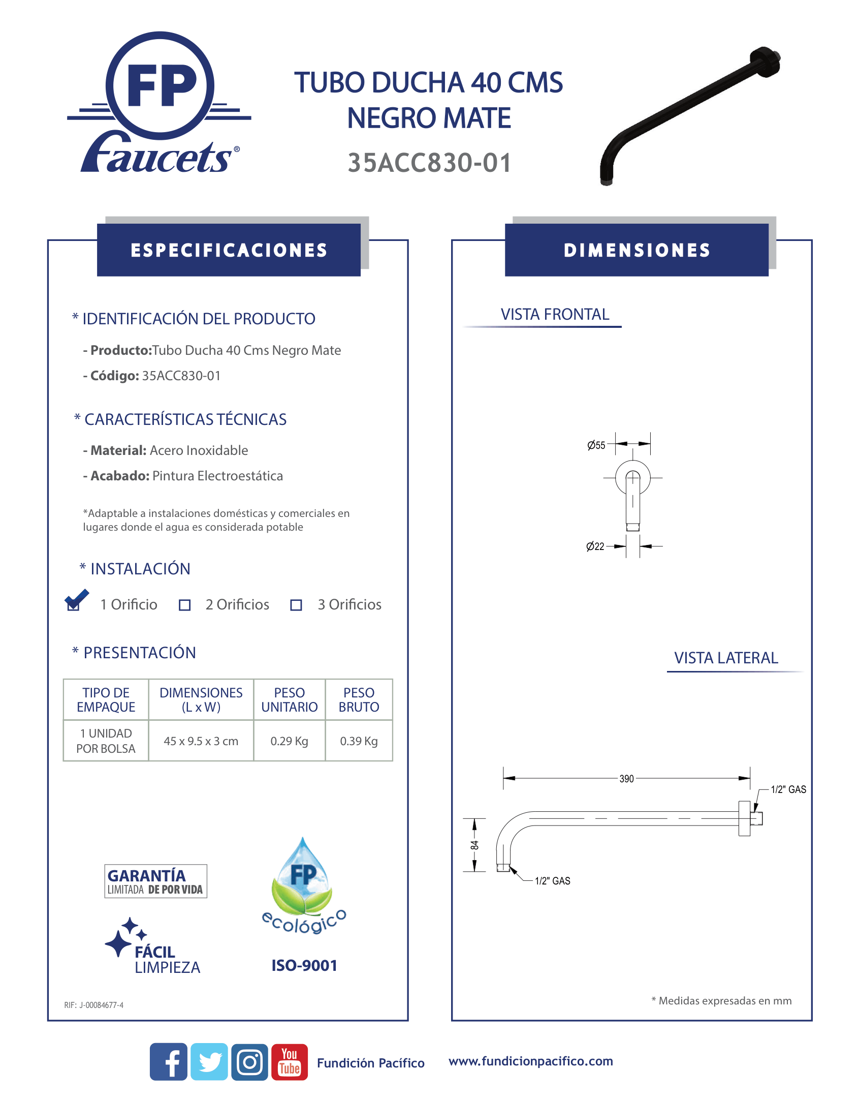 Tubo de Ducha de 40 Centímetros con Acabado Negro Mate para Baños Modernos